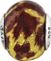 Sterling Silver Reflections Yellow & Brown Glitter Overlay Glass Bead